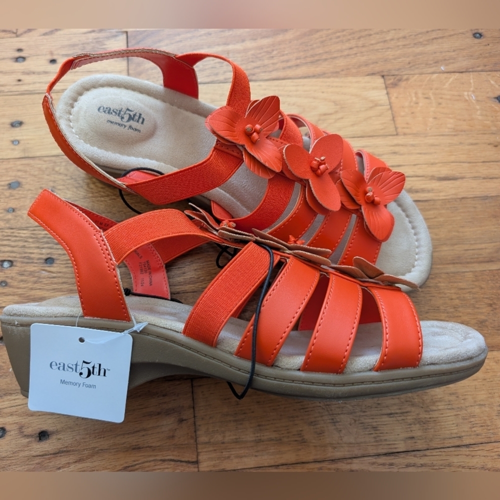 NWT East 5th Bright Orange Ister Floral Strappy Sandals - Picture 2 of 8